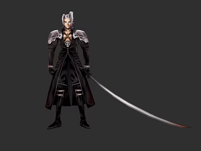 Silver Haired Game Movie Character In Black Robe And Silver Armor With Long Sword 3d model