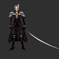 Silver Haired Game Movie Character In Black Robe And Silver Armor With Long Sword