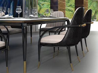 Elegant Modern Dining Table Set with Black Frame Beige Upholstered Chairs Gold Accents and Glassware 3d model