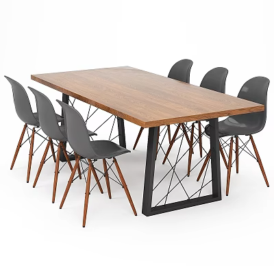 Modern Wooden Dining Table With Gray Chairs And Black Metal Frame 3d model