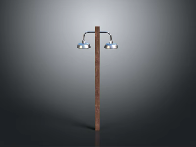 Outdoor Street Lamp With Brown Wooden Pole And Two Silver Lampshades 3d model