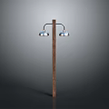 Outdoor Street Lamp With Brown Wooden Pole And Two Silver Lampshades