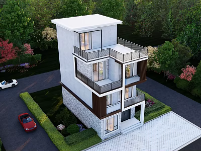 Modern Detached Villa Exterior With Balconies Lush Greenery And Landscaped Garden 3d model