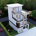 Modern Detached Villa Exterior With Balconies Lush Greenery And Landscaped Garden