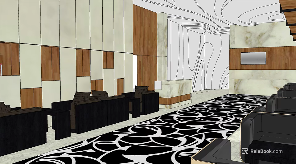 Modern Lounge Area With Wooden Panels Stone Walls Black Seating And Black White Patterned Carpet 3d model 
