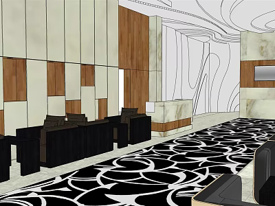 Modern Lounge Area With Wooden Panels Stone Walls Black Seating And Black White Patterned Carpet 3d model