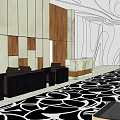Modern Lounge Area With Wooden Panels Stone Walls Black Seating And Black White Patterned Carpet