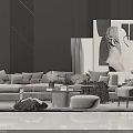 Modern Gray Sofa And Coffee Table With Multiple Pillows Round Ottoman Abstract Painting Modern Decor