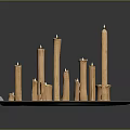 Multiple Wooden Candle Lamps Arranged On Silver Tray With Varying Heights Design
