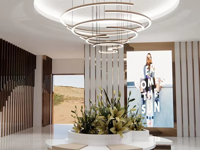 Modern Leisure Area Interior with Circular Layered Chandeliers Green Plant Centerpiece and Wooden Slat Walls 3d model