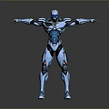 Blue Mechanical Robot Standing With Extended Arms And Streamlined Armor