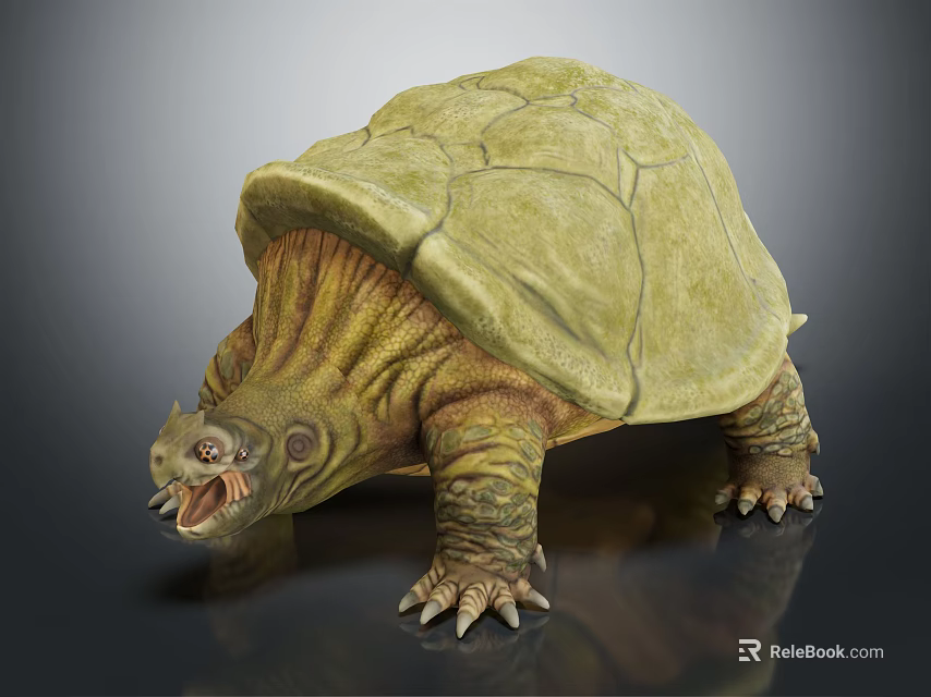 Detailed Green Turtle Model With Textured Shell Wrinkled Head And Open Mouth 3d model 