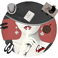 Stylish Red And Gray Round Rug With Women's Fashion Accessories Shoes Earrings Lipstick And Handbag