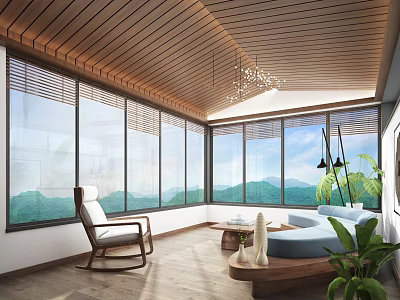Relaxing Room Interior Design With Wooden Ceiling Large Windows Mountain View Rocking Chair Sofa Plants 3d model
