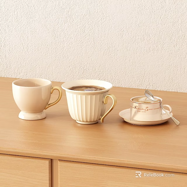 Cream Colored Ceramic Tableware Set With Three Cups Various Designs And Wooden Tabletop 3d model 