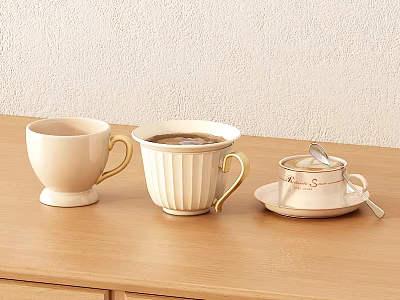 Cream Colored Ceramic Tableware Set With Three Cups Various Designs And Wooden Tabletop 3d model