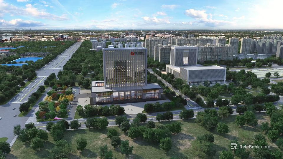 Aerial Planning Urban City Layout With High Rise Buildings Greenery And Roads 3d model 