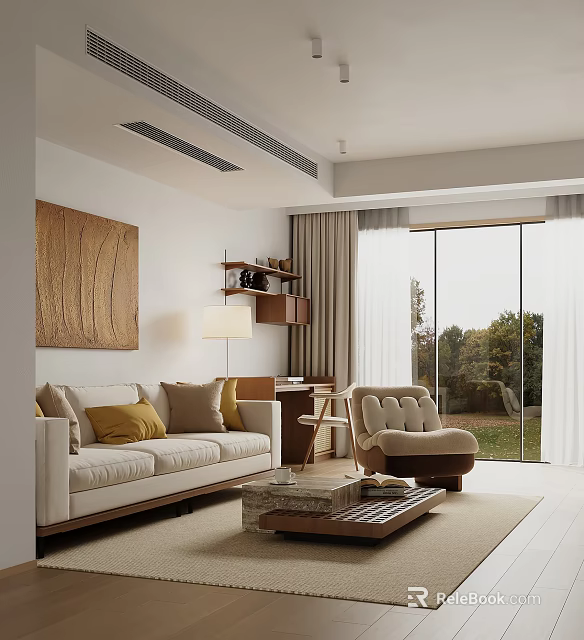 Modern Living Room With Beige Sofa Yellow Brown Cushions Wooden Coffee Table And Large Windows 3d model 