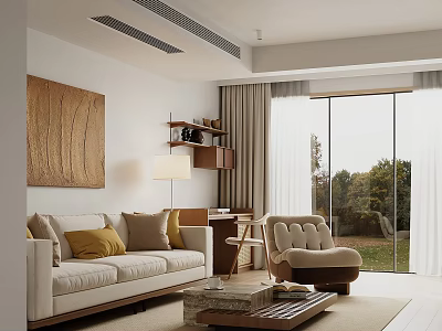 Modern Living Room With Beige Sofa Yellow Brown Cushions Wooden Coffee Table And Large Windows 3d model