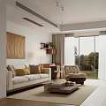Modern Living Room With Beige Sofa Yellow Brown Cushions Wooden Coffee Table And Large Windows