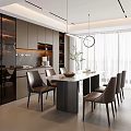Modern Restaurant Interior Design With Marble Dining Table Brown Chairs Hanging Lights And Cabinets