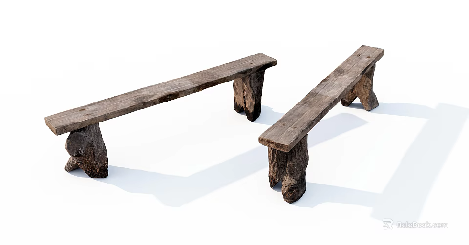 Rustic Wooden Benches With Natural Tree Stump Legs And Simple Design 3d model