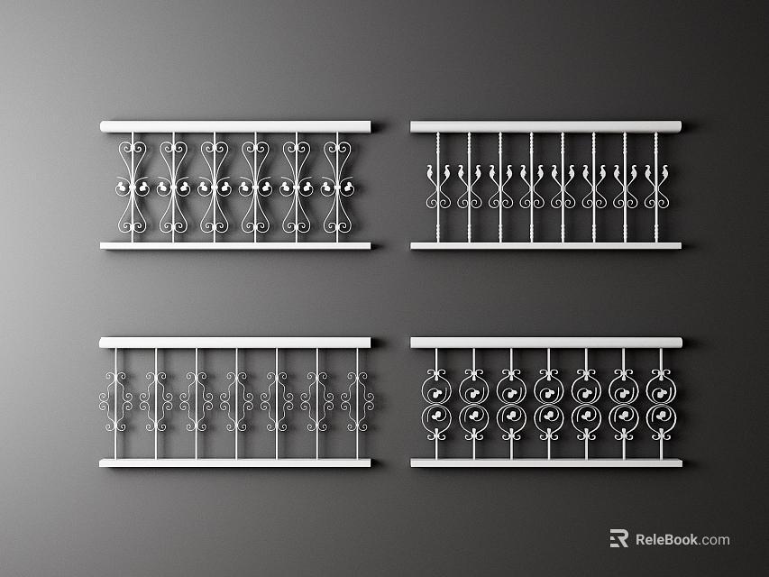 White Decorative Fence Designs Featuring Four Different Ornate Patterns And Styles 3d model 