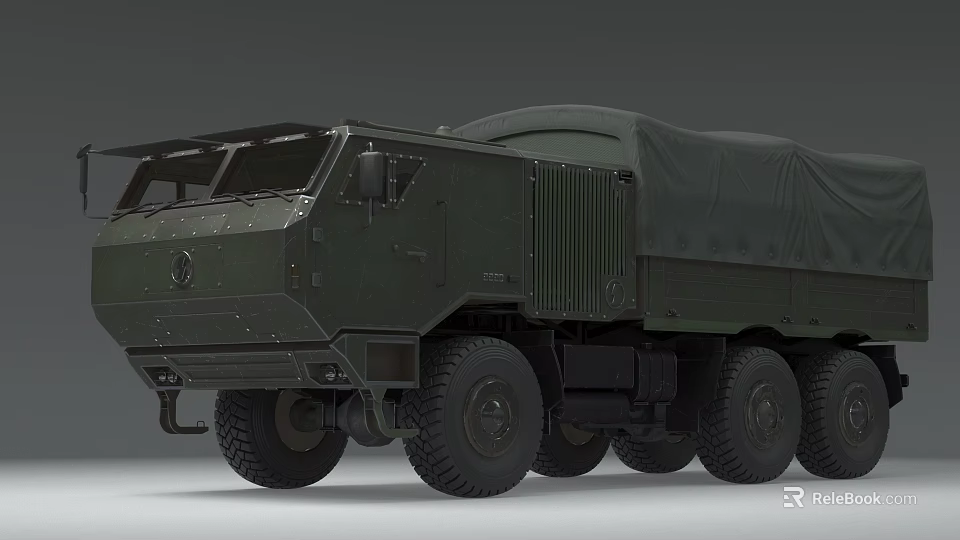 Dark Green Military Style Functional Vehicle With Multiple Wheels And Covered Cargo Bed 3d model 