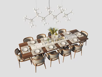 Modern Dining Table Set With Chairs Tableware Vase Plants And Chandelier 3d model