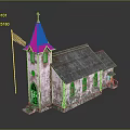 Vintage Church Building With Steeple Flag Wooden Structure And Green Plants Covering Gray Roof