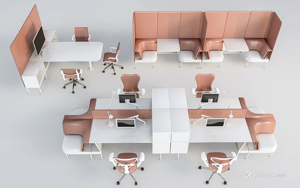Modern Office Desk Chair Set With Pink Partition And Computer Monitors 3d model 