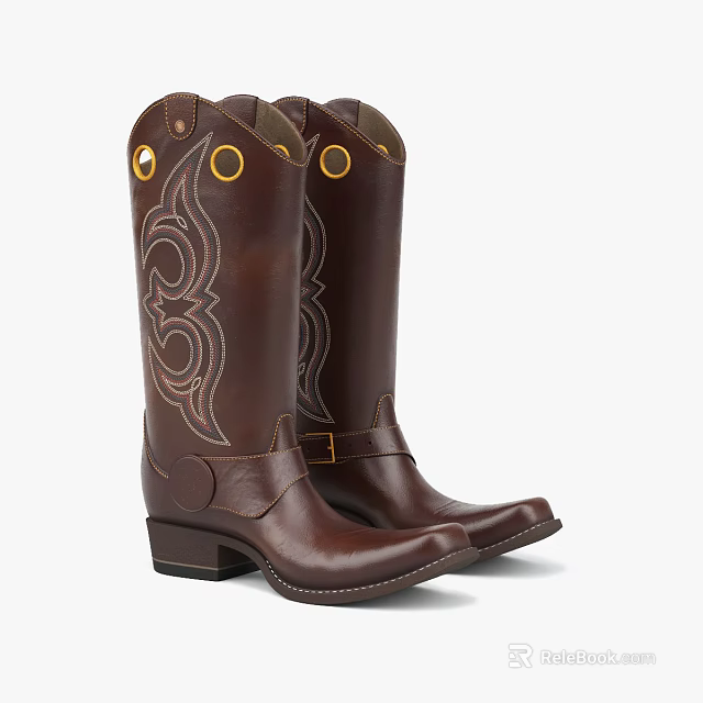 Brown Leather Cowboy Boots With Tall Shaft Decorative Stitching And Block Heel 3d model 