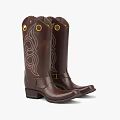 Brown Leather Cowboy Boots With Tall Shaft Decorative Stitching And Block Heel