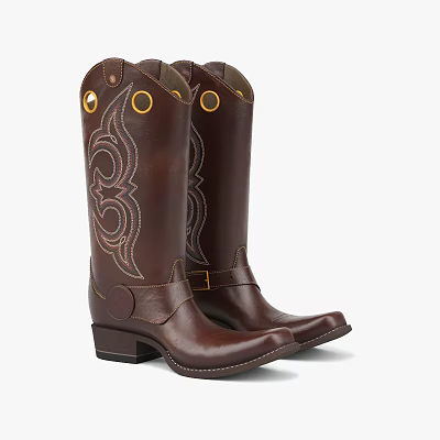 Brown Leather Cowboy Boots With Tall Shaft Decorative Stitching And Block Heel 3d model Brown Leather Cowboy Boots With Tall Shaft Decorative Stitching And Block Heel 3d model