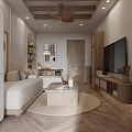 Modern Living And Dining Room Interior With Beige Sofa Wooden Ceiling And Round Rug