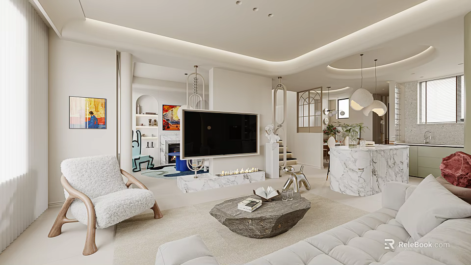 Modern Living Room With White Sofa Armchair Stone Coffee Table TV And Artwork 3d model 