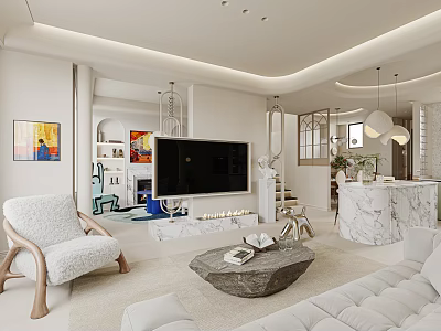 Modern Living Room With White Sofa Armchair Stone Coffee Table TV And Artwork 3d model