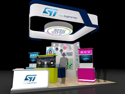 ST Super Properties Exhibition Booth Setup With Display Screens And Design Elements 3d model