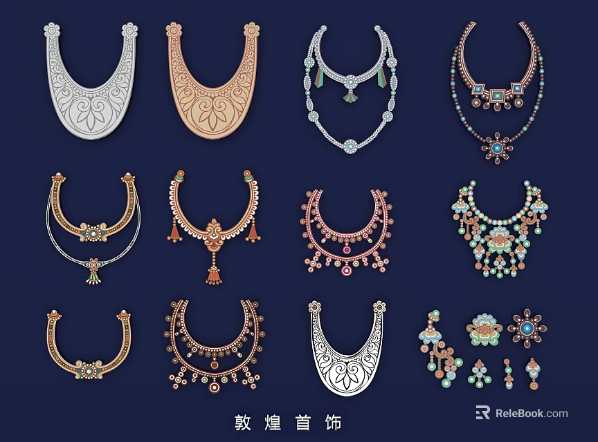 Exquisite Traditional Dunhuang Jewelry Featuring Beautiful Necklace Designs and Ornamental Styles 3d model 