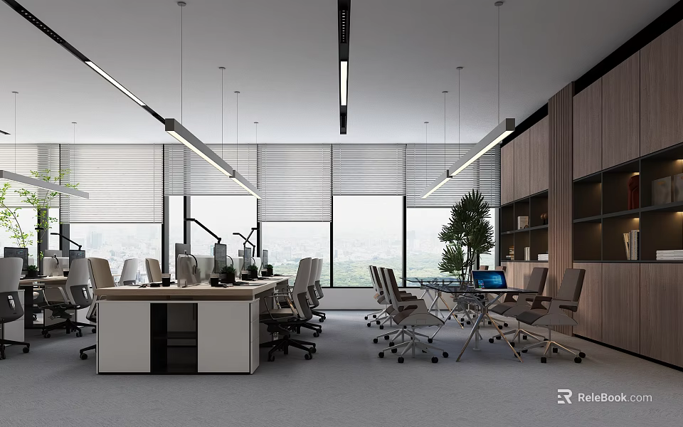 Modern Public Office Space Open Layout With Desks Chairs Large Windows Green Plants And Bookshelves 3d model 