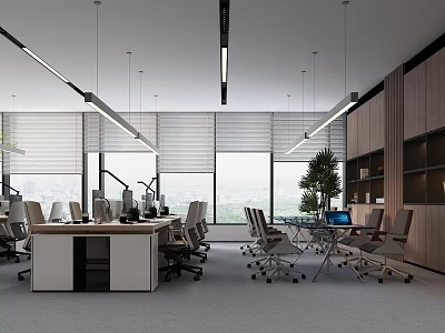 Modern Public Office Space Open Layout With Desks Chairs Large Windows Green Plants And Bookshelves 3d model