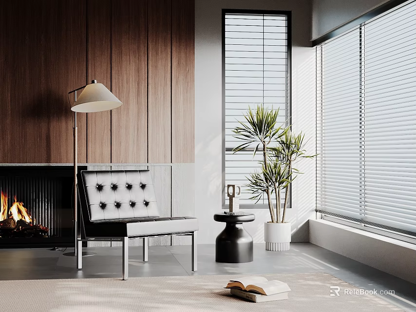 Leisure Chair In Cozy Living Room With Wooden Wall Fireplace Floor Lamp And Potted Plant 3d model 