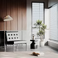 Leisure Chair In Cozy Living Room With Wooden Wall Fireplace Floor Lamp And Potted Plant