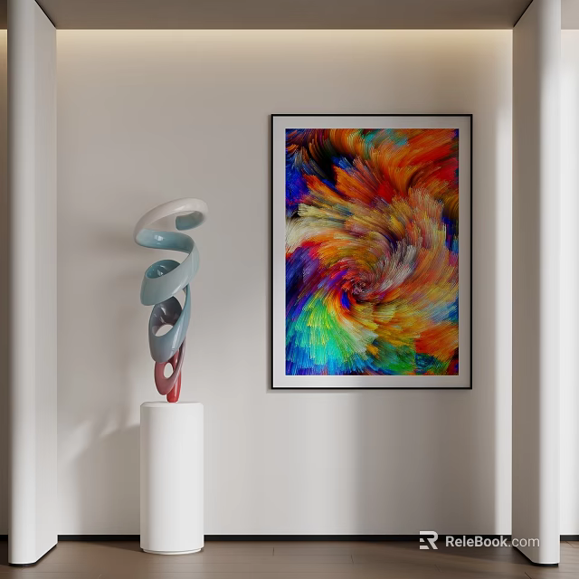 Modern Spiral Sculpture Carving in White Blue Red on White Pillar with Abstract Painting 3d model 