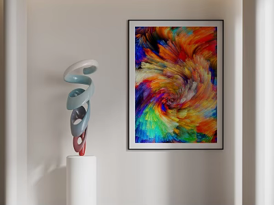Modern Spiral Sculpture Carving in White Blue Red on White Pillar with Abstract Painting 3d model