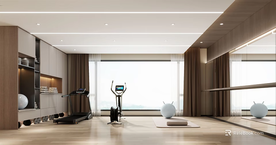 Spacious Modern Home Gym With Treadmill Exercise Bike Yoga Ball And Wooden Floor 3d model 