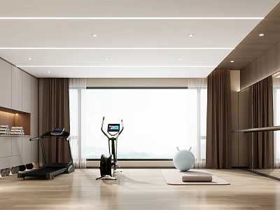 Spacious Modern Home Gym With Treadmill Exercise Bike Yoga Ball And Wooden Floor 3d model