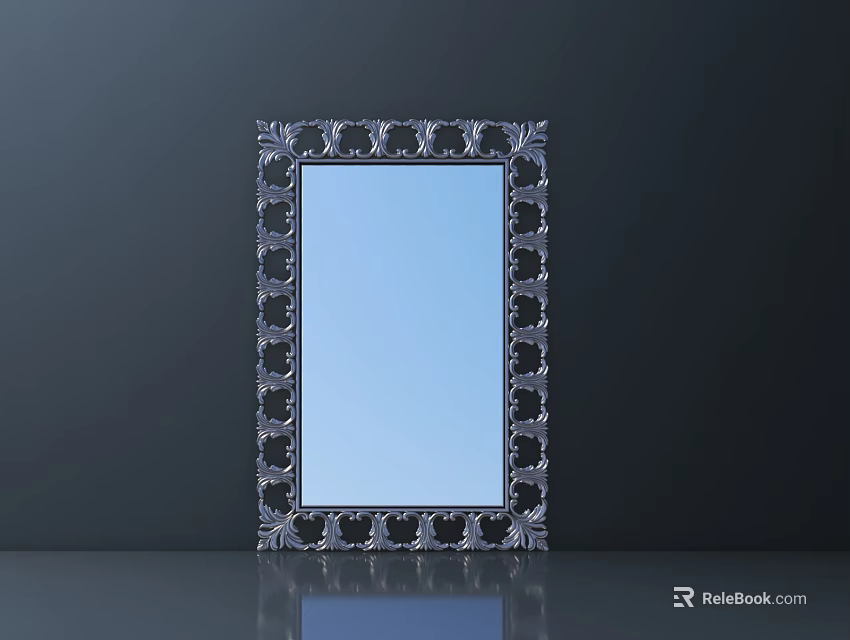 Intricate Carved Mirror Frame With Blue Glass Surface And Decorative Design 3d model 