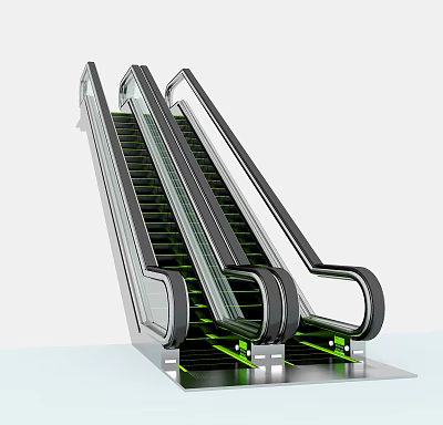 Modern Escalator Design With Glass Handrails Green Steps And Stainless Steel Frames 3d model