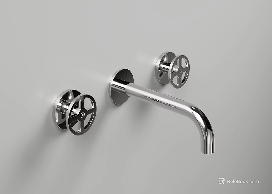 Wall Mounted Chrome Faucet with Dual Handles and Sleek Spout in Modern Design 3d model 